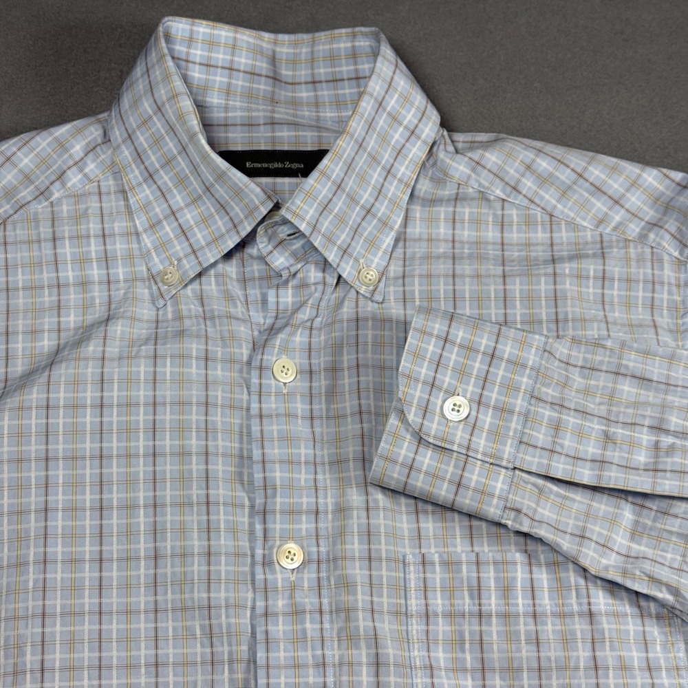 Ermenegildo Zegna Mens Button Down Shirt M Blue Tan Check Cotton Made in Italy